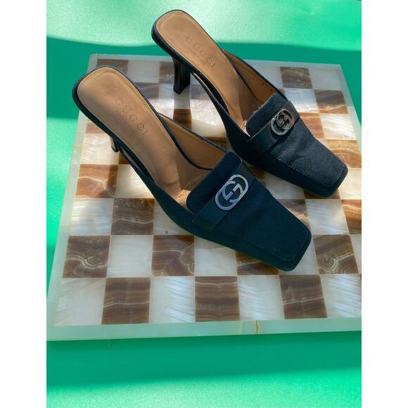 Vintage Gucci Black Canvas Heeled Mules with Logo - Picture 3 of 6